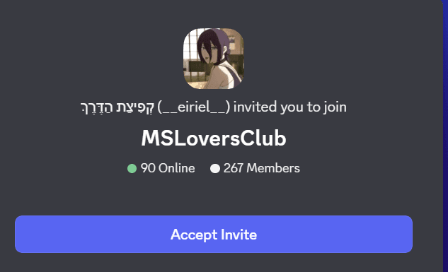 screenshot of the discord invite screen for a server called MSLoversClub, 90 online, 267 members