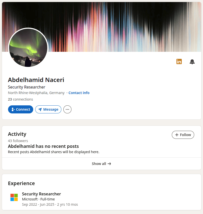 screenshot of a linkedin profile under the same name listing a microsoft security researcher role from september 2022 to june 2025
