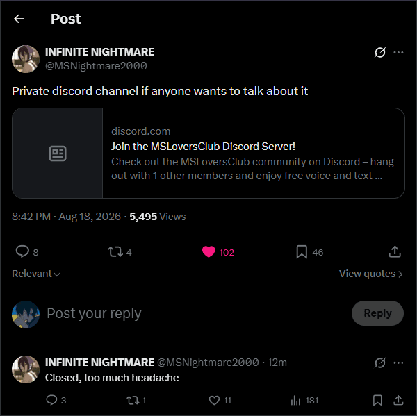screenshot of the twitter post sharing the discord invite, and a later reply saying the server was closed