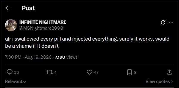 screenshot of a twitter post from him on august 19th saying he has taken an od
