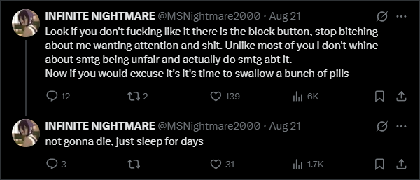 screenshot of twitter posts from him on august 21st saying he is going to swallow pills and then saying he is not going to die